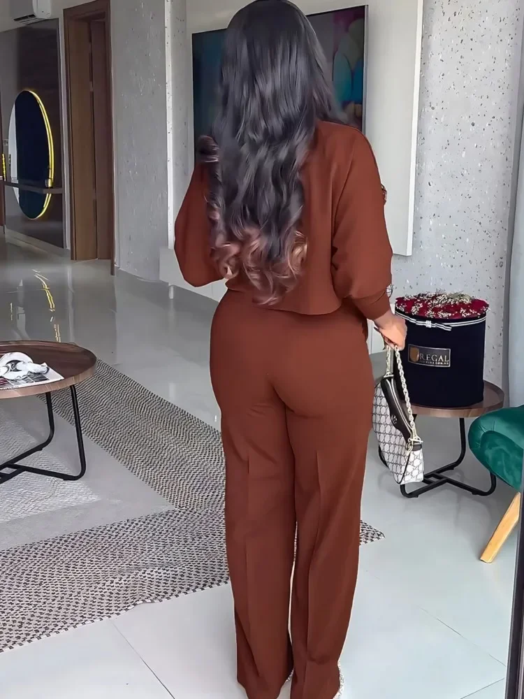 ผู้หญิงแนวโน้มยืนคอ 2 ชิ้นชุดเสื้อแขนยาวชุดกางเกงชุดเสื้อกางเกงขากว้างกางเกงชุดลําลอง