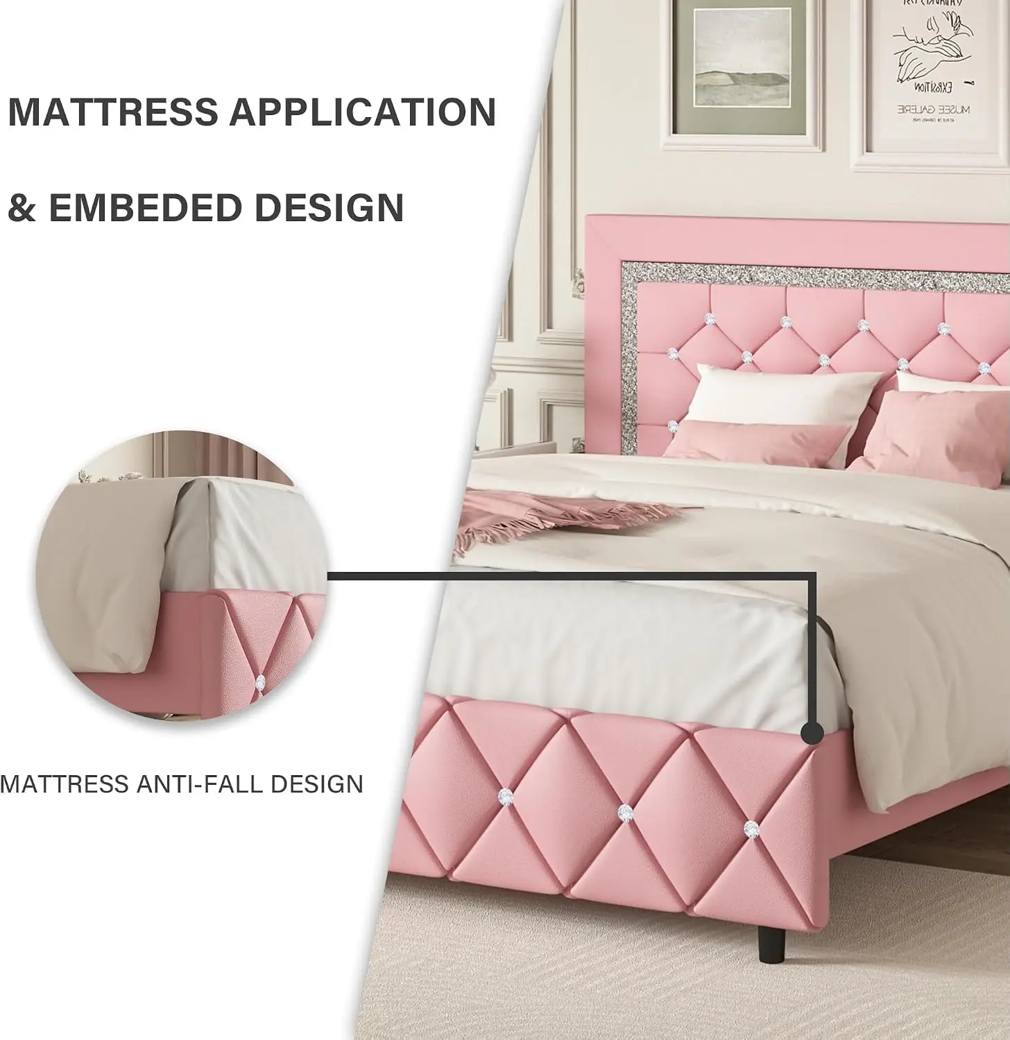 Twin Bed Frame Headboard Princess Kids Faux Leather Upholstered Diamond Tufted No Box Spring Required Easy Assembly Pink image 5