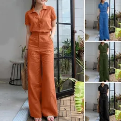 Women's Suit Summer Fashion Lapel Short Sleeve Shirt Wide Leg Pants Two Piece Set Women Vintage Office Sets Casual Tracksuits