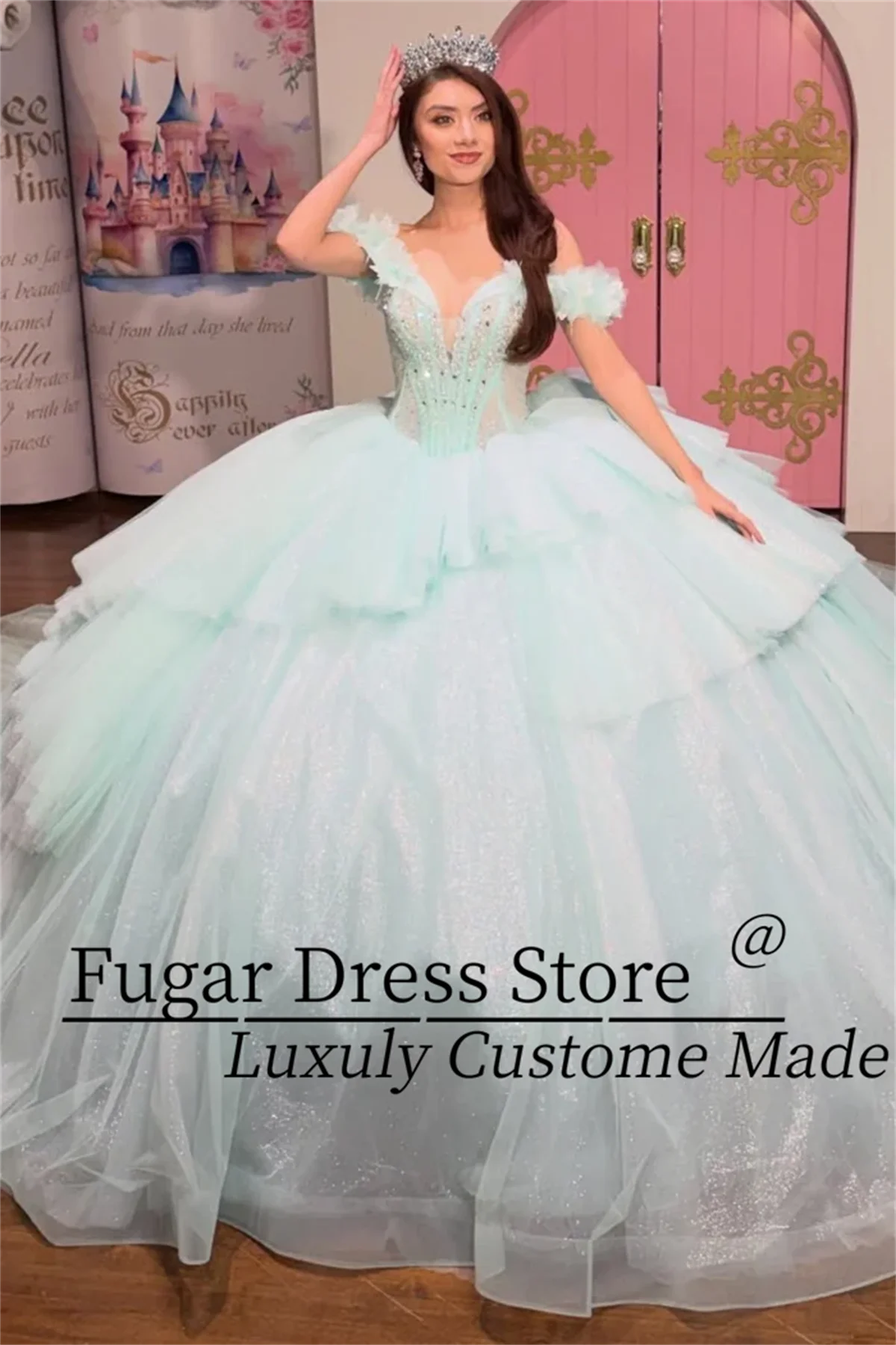 

Customized Sweet Quinceanera Dress Sexy Fashion Off Shoulder Sleeveless Beaded Ruffles Prom Gown Vestidos De 15 Anos