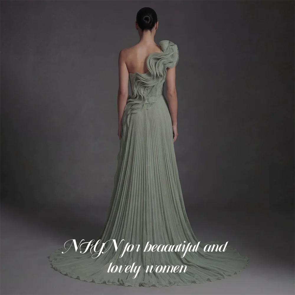 NFYN Sage Green 프롬 드레 One Shoulder Sleeveless Prom Gown A Line Party Dresses for Formal Event High Split 3D Flowers Customized view 2