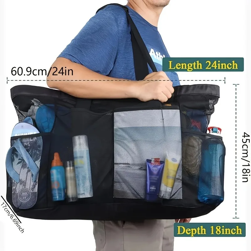 

1 шт. очень большая сетчатая пляжная сумка, дышащая сетчатая сумка с застежкой-молнией и боковыми карманами, портативная сумка-органайзер большой вместительности