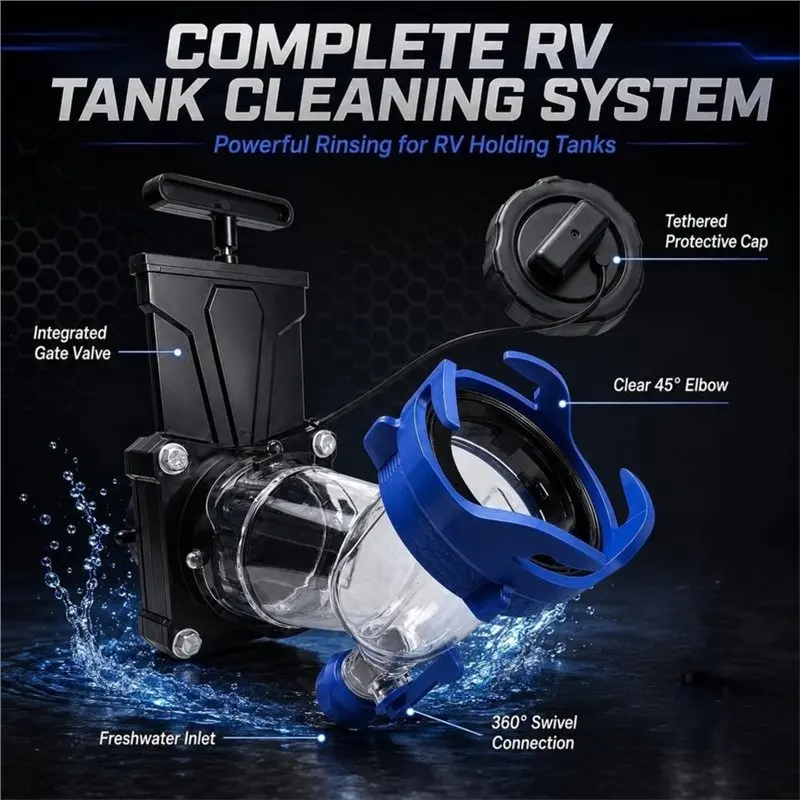 RV For Waste Holding Clear 45° Sewer Hose Adapter With Black Tank Rinser Kit, Gate Valve And Backflow Preventer