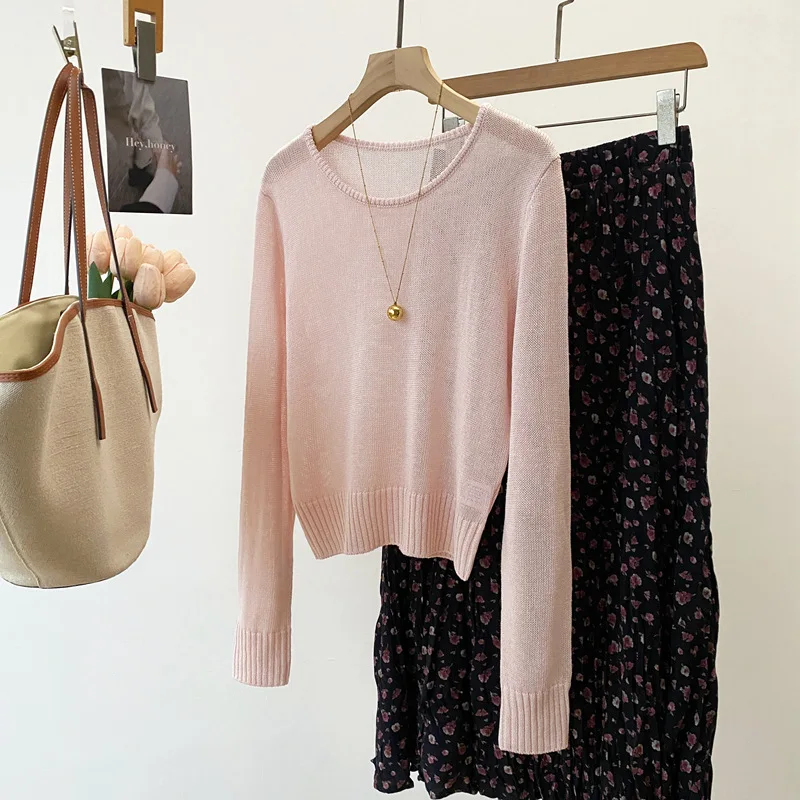 

Dave&di 26 Spring/summer New Product Linen Blended Round Neck Long Sleeve Knitted Shirt Style Simple Short And Versatile Top