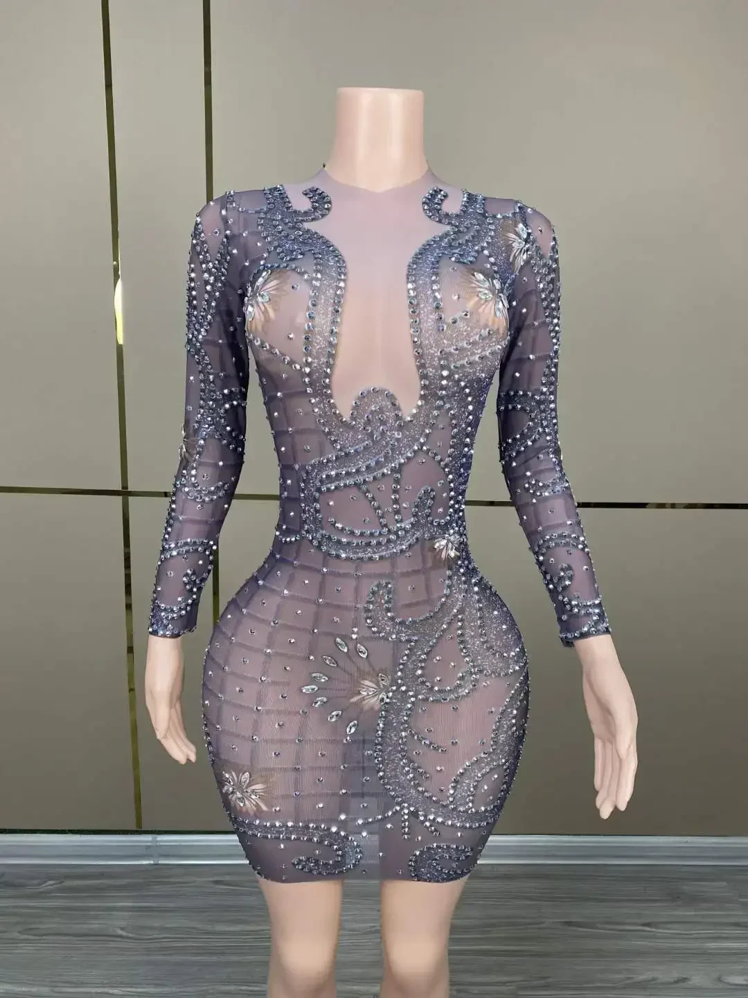Mesh Sheer Short Dress For Women Long Sleeve Rhinestone Birthday Queen Outfit Night Club Celebrate Glitter Stage Wear 2024