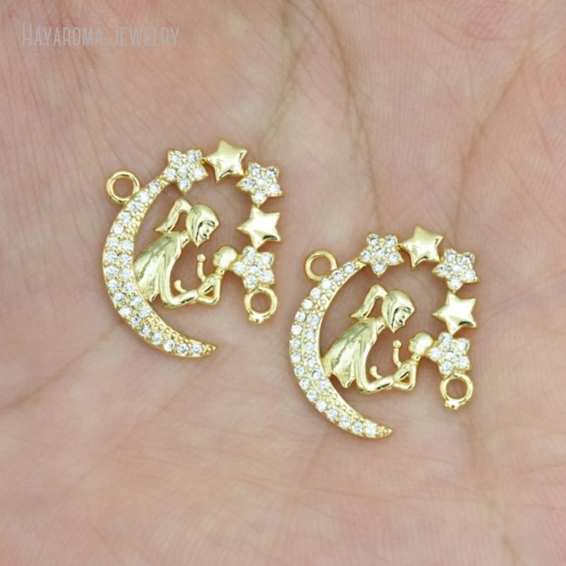 

2Pcs Gold Color Metal Cubic Zirconia Shape Crescent Moon Star Copper Invisible Setting Wholesale Connector PC51826