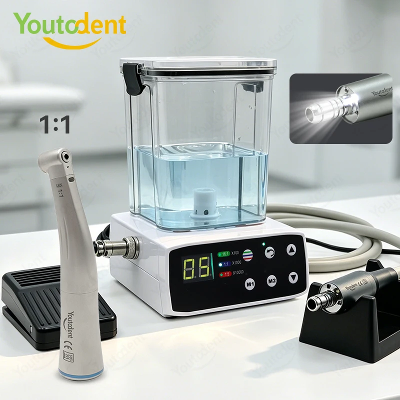 Youtodent Dental Brushless LED Electric Micro Motor System with Water Tank 1:1 Fiber Optic Contra Angle Handpiece Dental Equipme
