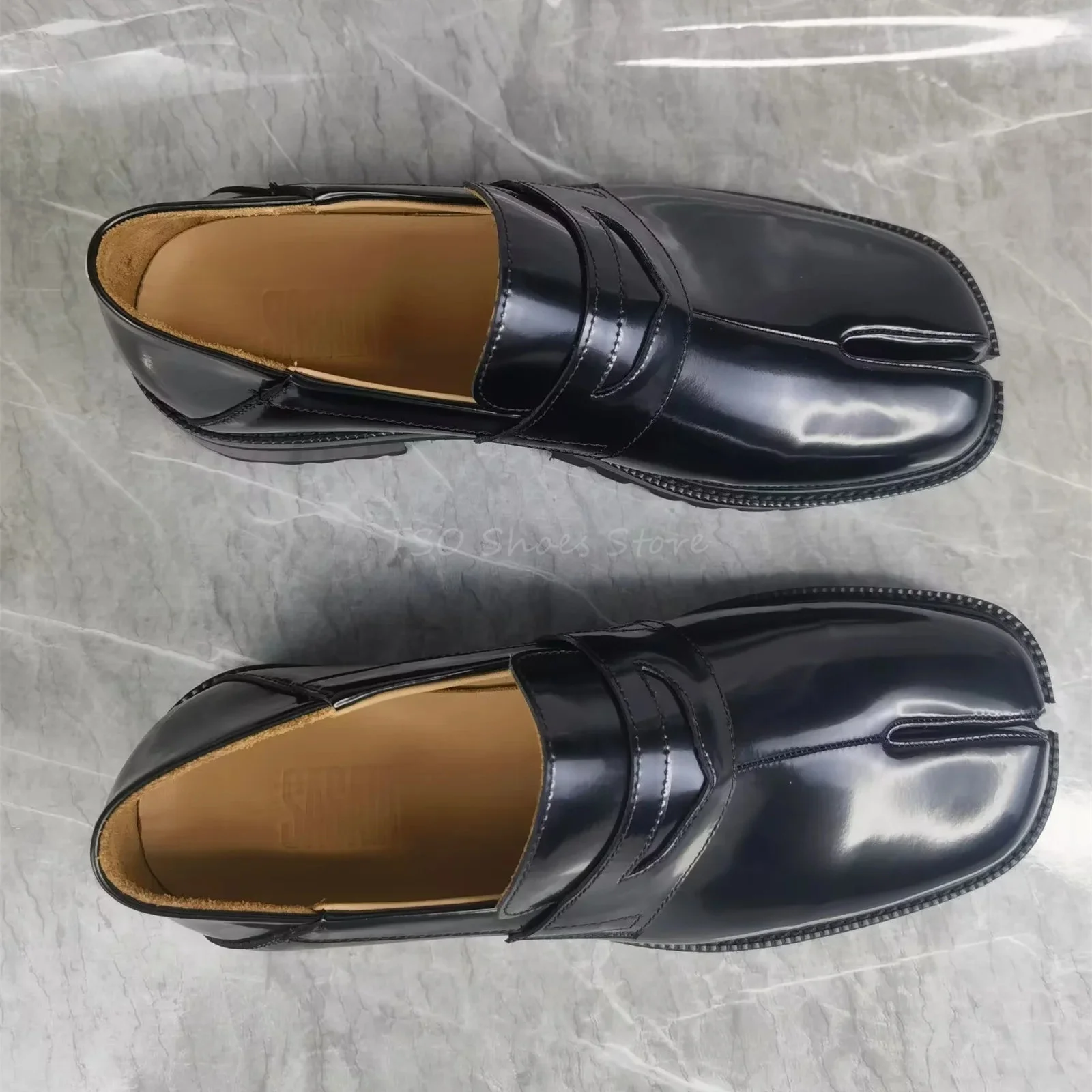 Split Toe Black Genuine Leather Shoes Loafers for Men Sheepskin Comfortable Casual Business Formal Shoes Thick Sole Male Shoe