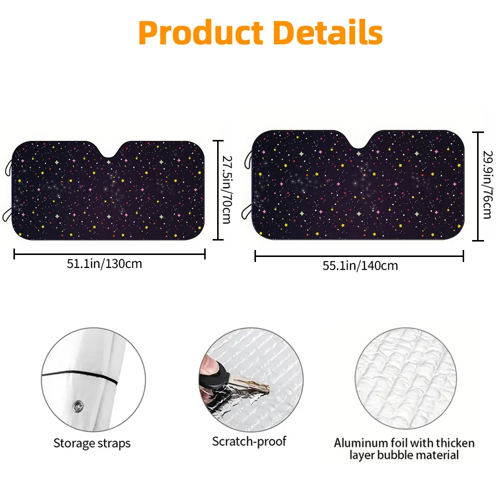 A Car Sunshade With A Black Background And Star Decorations, Featuring High-Definition Printing. This Sunshade Is Designed For T