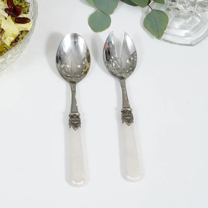Western 304 Stainless Steel Salad Spoon Fork Set Acrylic Dessert Cake Fork Pasta Dinnerware Utensils