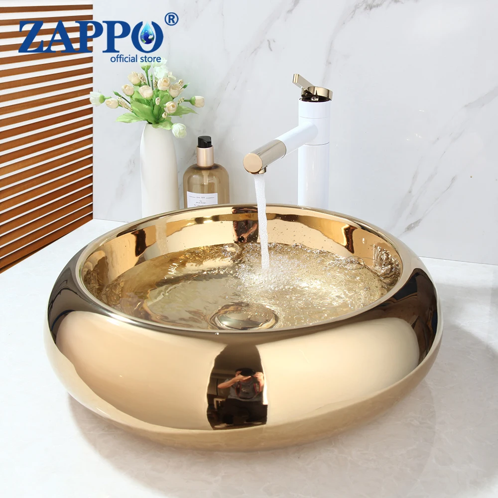 

ZAPPO Golden Plated Ceramic Round Bathroom Sink Basin Mixer Combine Lavatory Washbasin Sink Brass Faucets Set