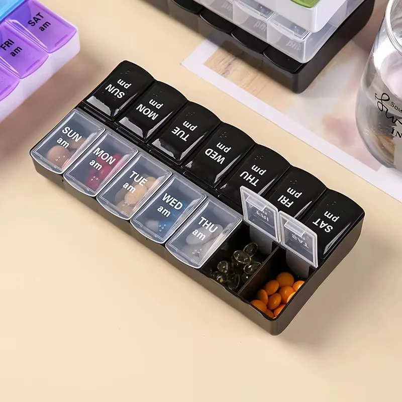 Doppelreihige Verpackung 14-Tage Tragbare Praktische Medizinbox 7 Tage die Woche Große Kapazität Medikamenten-Aufbewahrungsbox – Detail 9