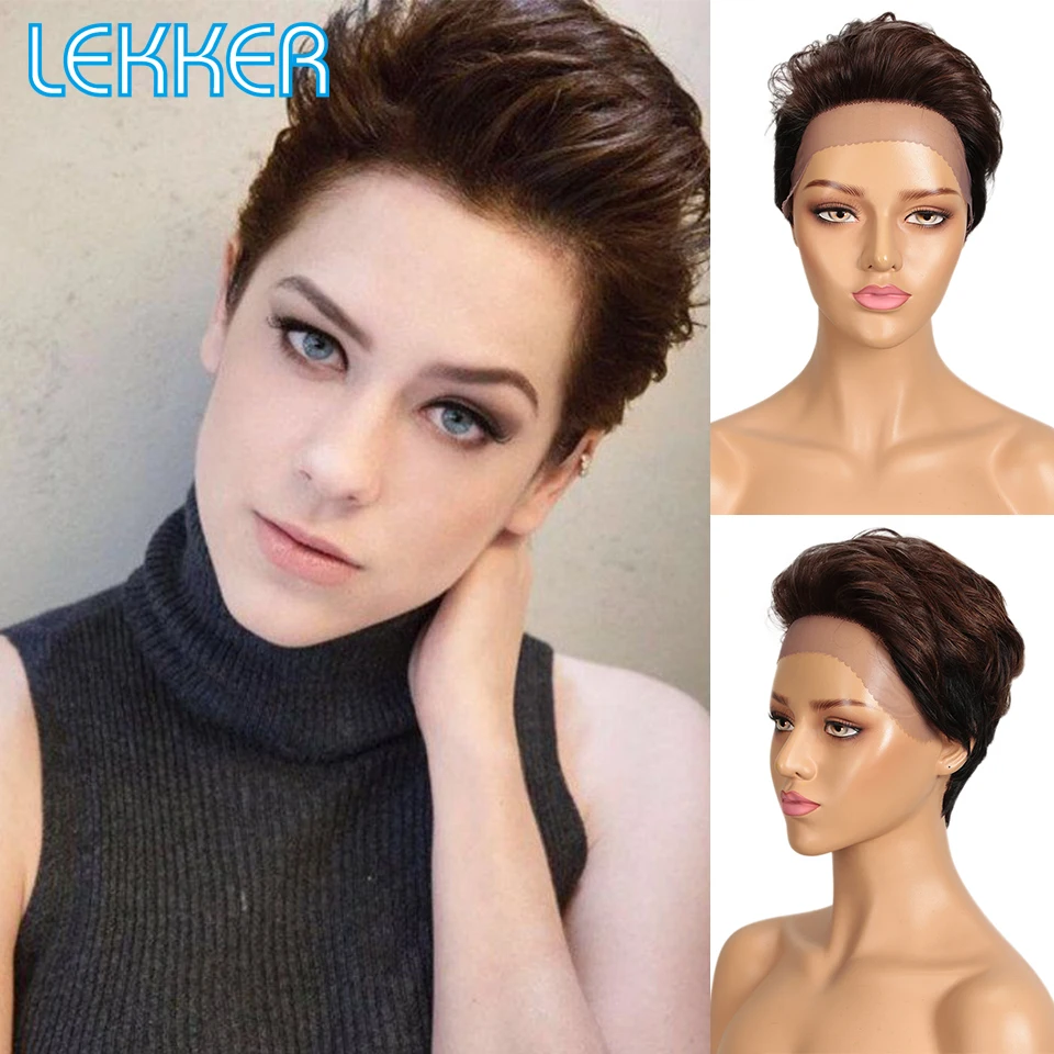 Lekker Colored Pixie Short Straight Bob 100% Human Hair Wig For Women Brazilian Remy Natural Hair Pre Plucked Glueless Lace Wigs