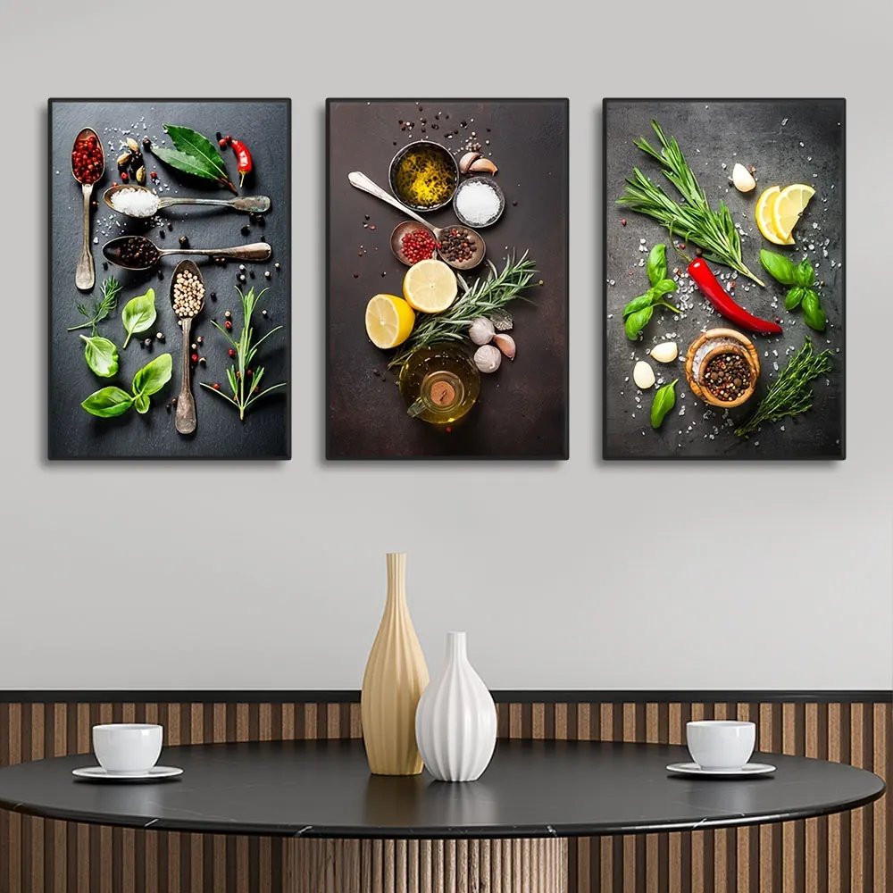 3pcs frameless Canvas Painting 3pcs Kitchen Theme Mix Herb And Spices Canvas Art Poster Impressionist Art Decor Painting For Din