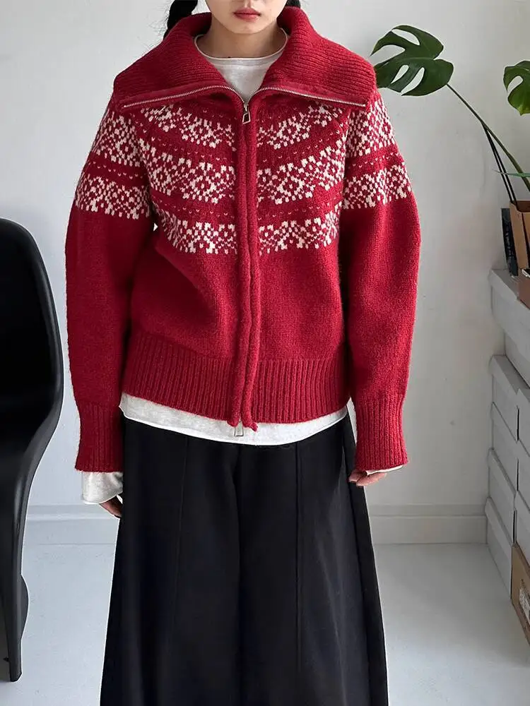 

HUISONG Vintage Fair Isle Color-Block Thick Sweater Cardigan for Women Loose Casual Niche Two-Way Collar Double Zipper Knitwear