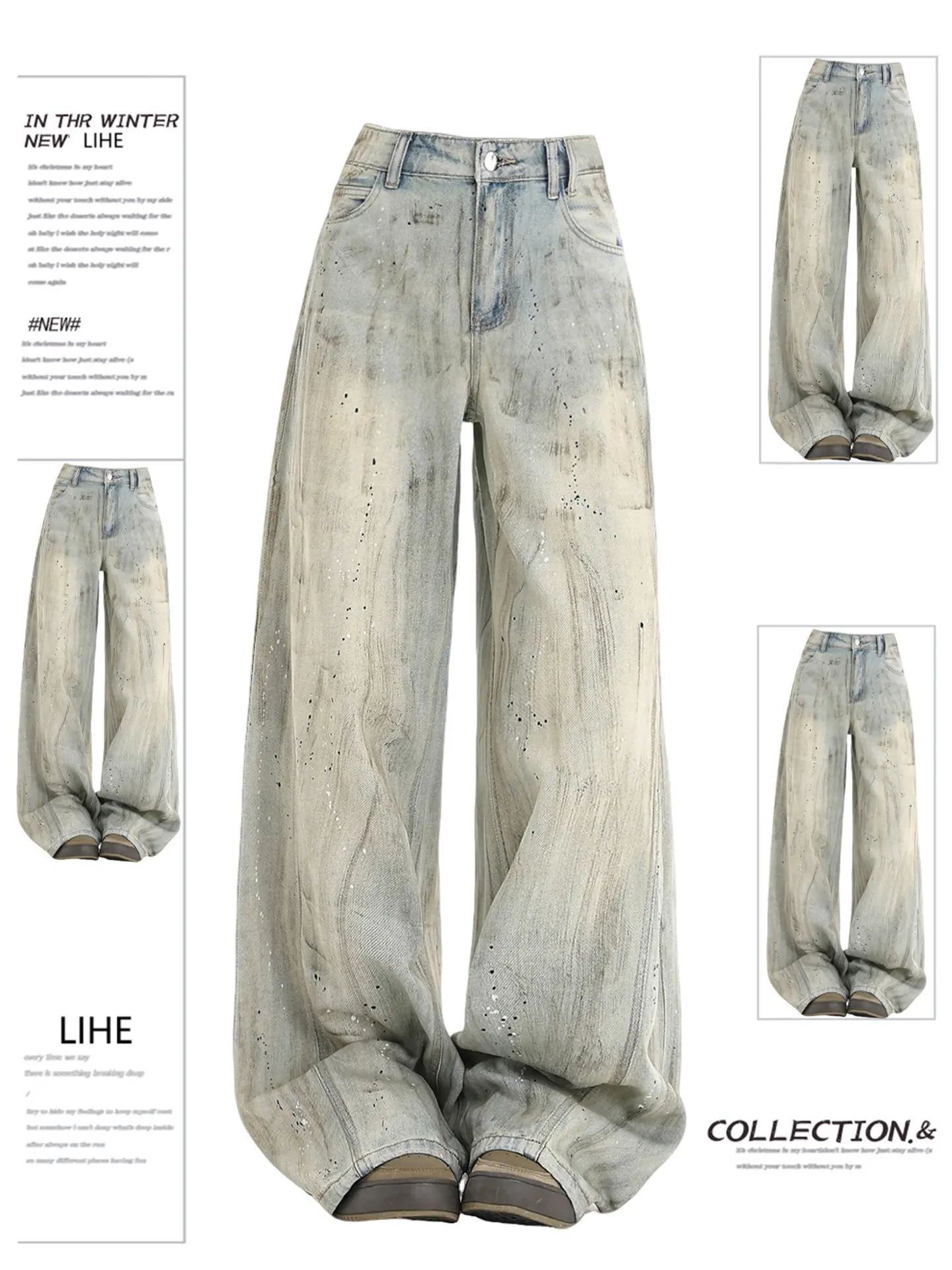 American High Street Splashed Graffiti Wide Leg Jeans Women's New Large Size Fat MM Loose Slimming Versatile Dirty Long Pants