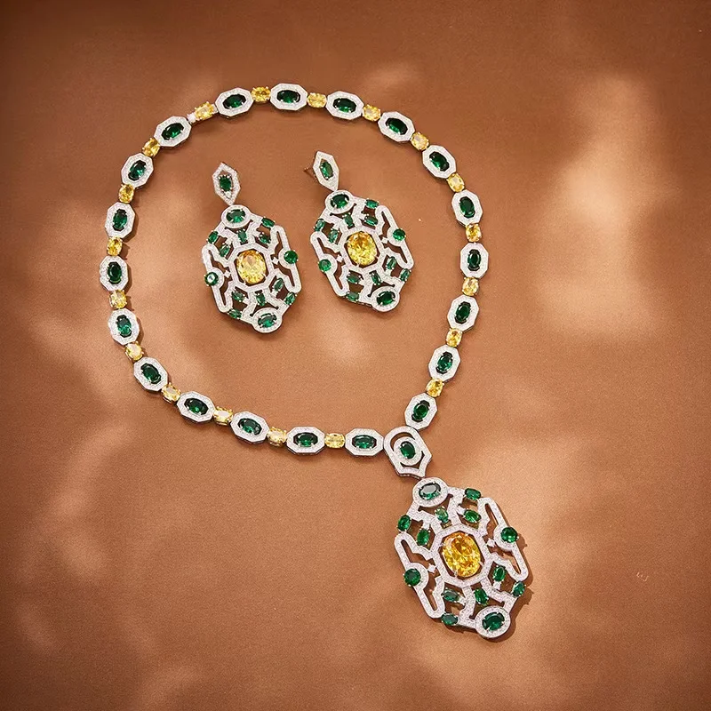 EYER Top Grade Temperament AAA Zircon designer Necklace For Women Luxury Green Drop Earrings Wedding Evening Dress Jewelry Set