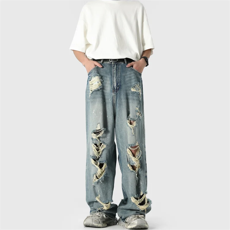 Dropped Multi Broken Holes Baggy Jeans Men Streetwear Hip Hop Vintage Loose Wide Leg Denim Jeans Pants Trousers