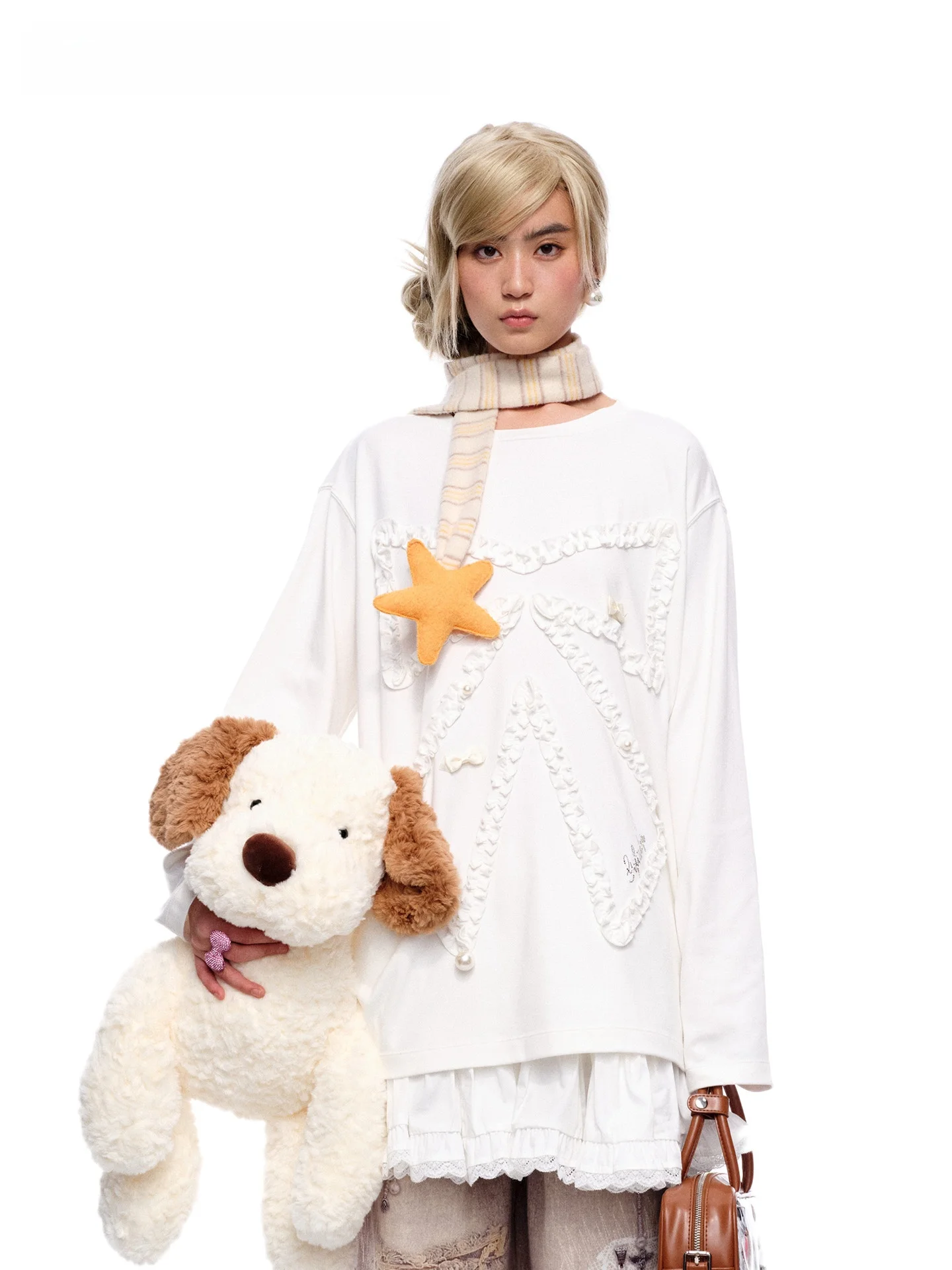 

White Loose Lace Knot Long Sve T-irt MOF Girl Casual Sle Cotton Blend Comfortable Fit round Ne Top