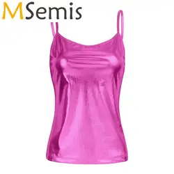 Women Shiny Patent Leather Vest Camis Top Spaghetti Shoulder Straps Sleeveless Vest Top Metallic Yoga Dance Hip Hop Costume