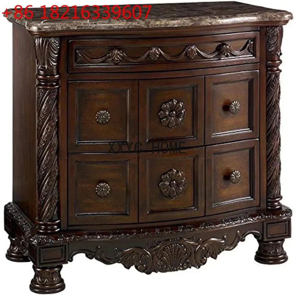 TAO North Shore Ornate 3 Drawer Nightstand with Marble Inlay Top  Dark Brown Furniture Bedroom  Bedside Table  Bedroom Furniture