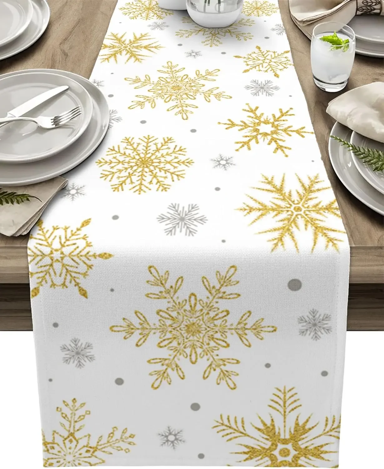 Christmas Gold Grey Snowflake Linen Table Runners Dressers Scarves Table Decor Xmas Dining Table Runners Christmas Decorations