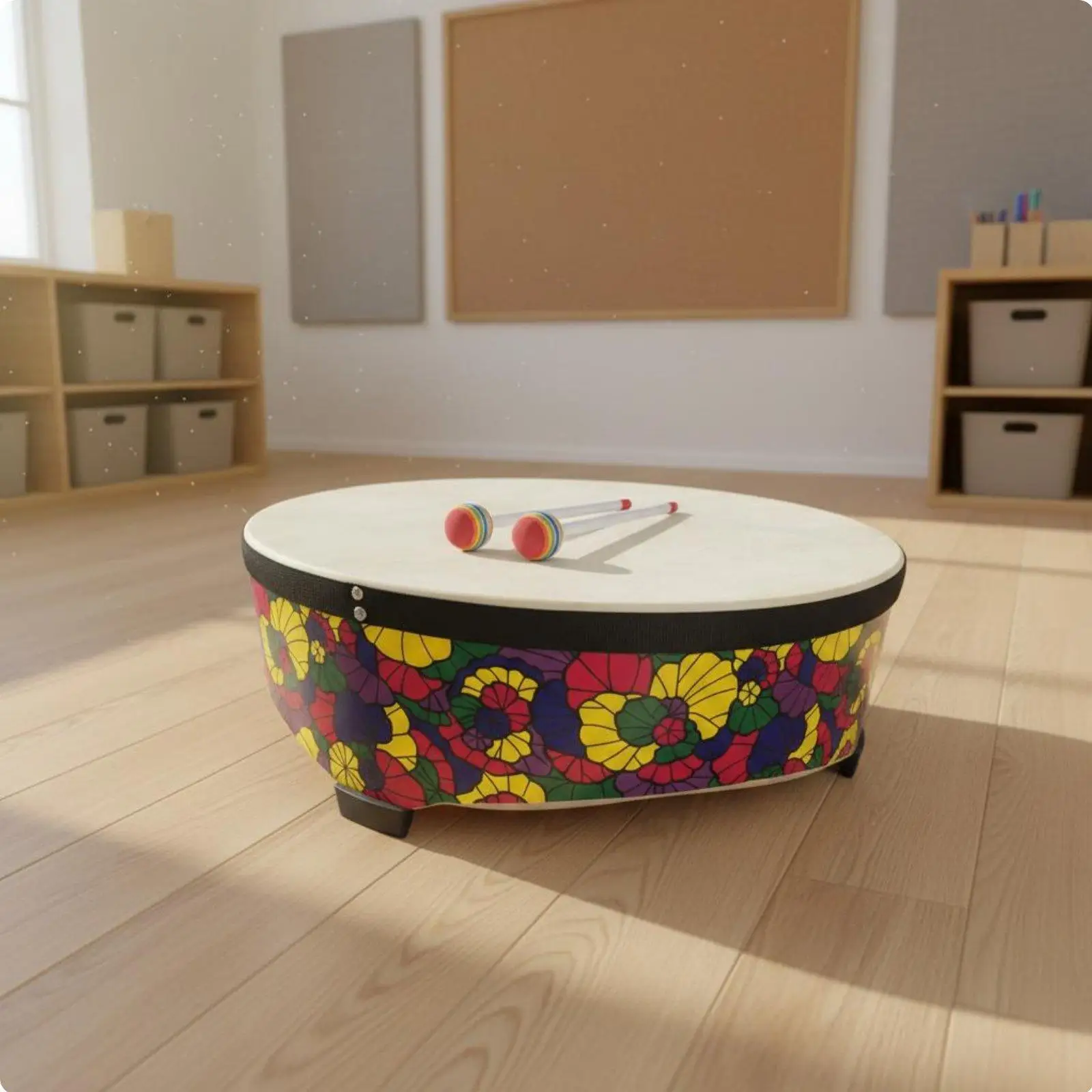 22 Inch Wooden Kids Floor Drum Early Music Education Percussion Instrument for Group Games and Activities