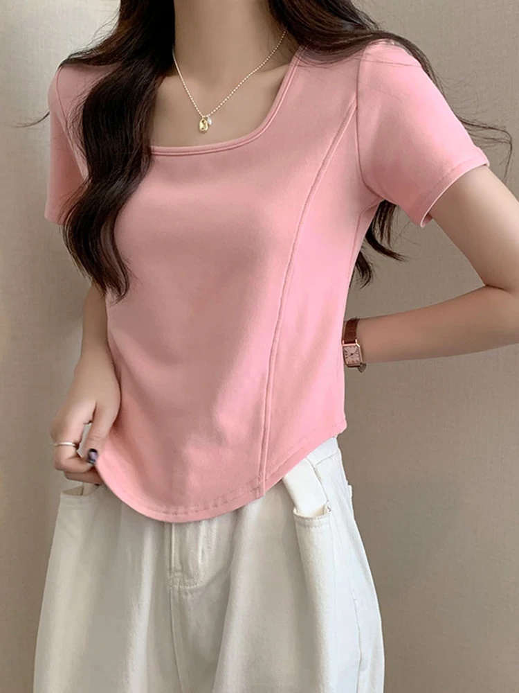 2024 Cotton Short Sleeve Women T-Shirts Top Square Collar Solid Slim Tees Shirts Female Summer Casual Streetwear Tops Tee