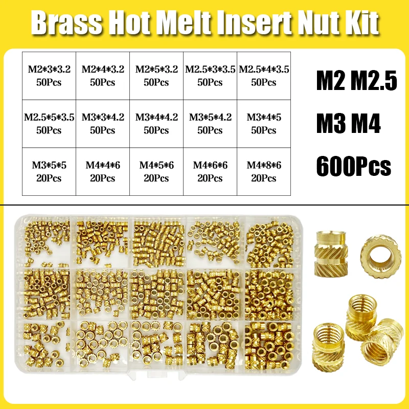 Messing inzetmoerset met schroefdraad M2 M2.5 M3 M4 M5 M6 M8 Hotmelt Heat Gekartelde inbedded injectie Koperen inzetmoer voor 3D-print kunststof