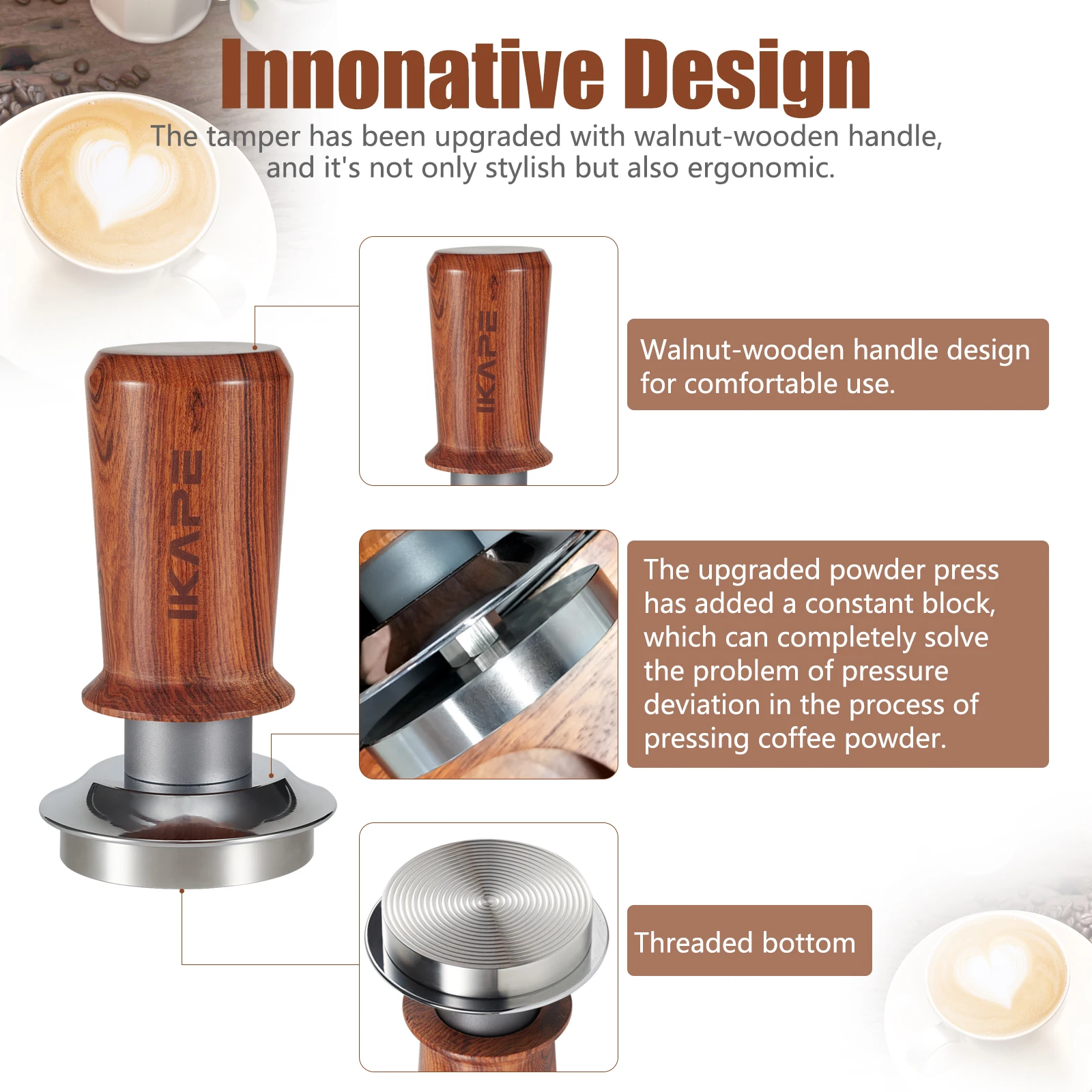 IKAPE Spring-Loaded Calibrated Espresso Tamper with 30lbs Pressure Stainless Steel Base&Walnut Handle Coffee Tamper For Home Use - Image 2