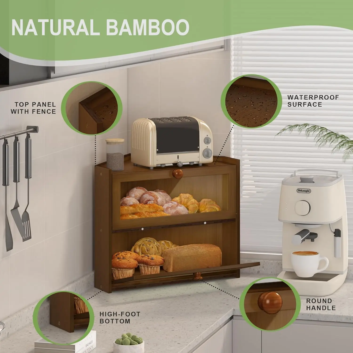 Large Bamboo Corner Bread Box with Window, Farmhouse Style Kitchen Storage Container for Countertop