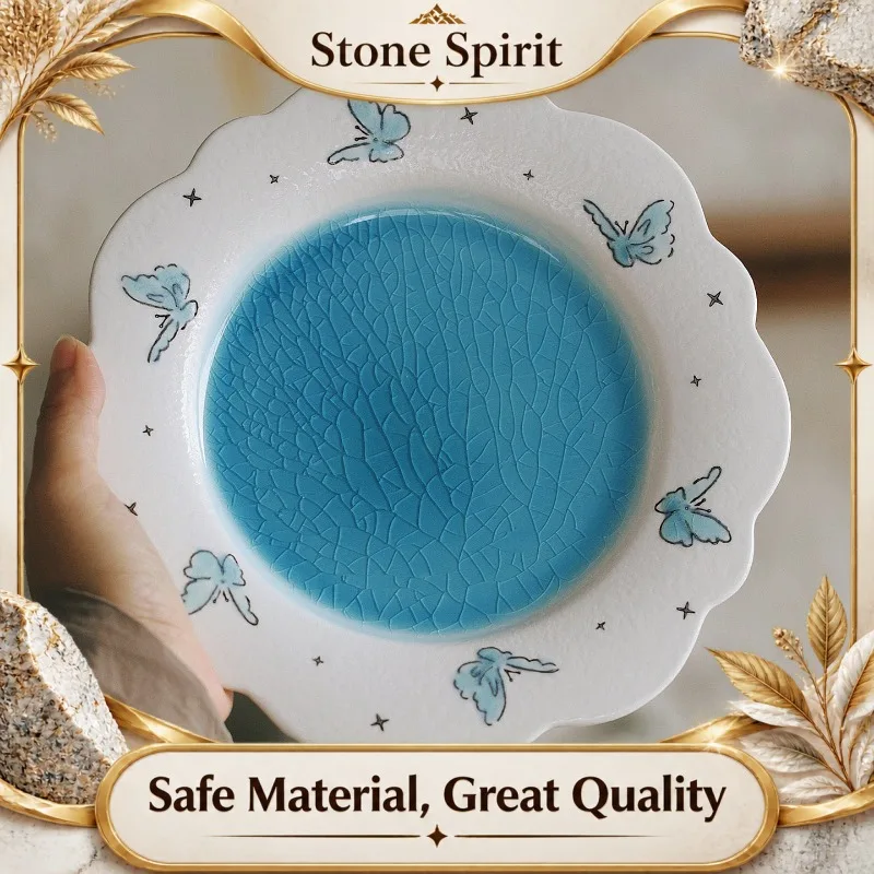 Glaze Petal Edge Ceramic Plate 8 Inch, Small Dessert Cake Pasta Dish, French Dining Tableware for Wedding Party Home Decor Gift