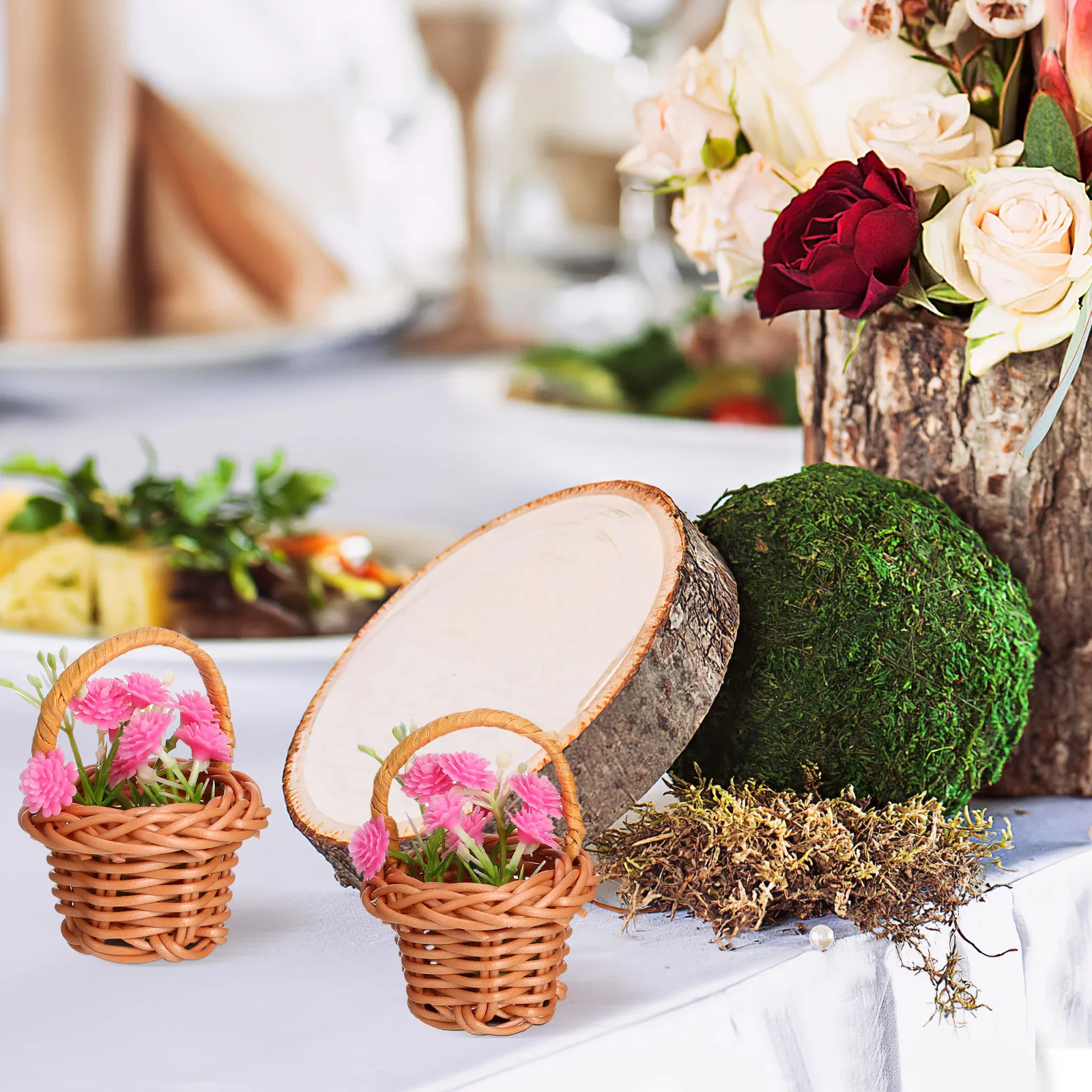 10 Uds. Cesta de compras de ratán pequeña Mini decoración de mimbre con asa cestas en miniatura tejidas madre
