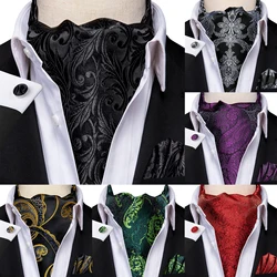 Hi-Tie Silk Mens Ascot Black Pink Blue Red Gold Green Purple White Cravat Tie Hanky Cufflinks for Male Wedding Business Prom