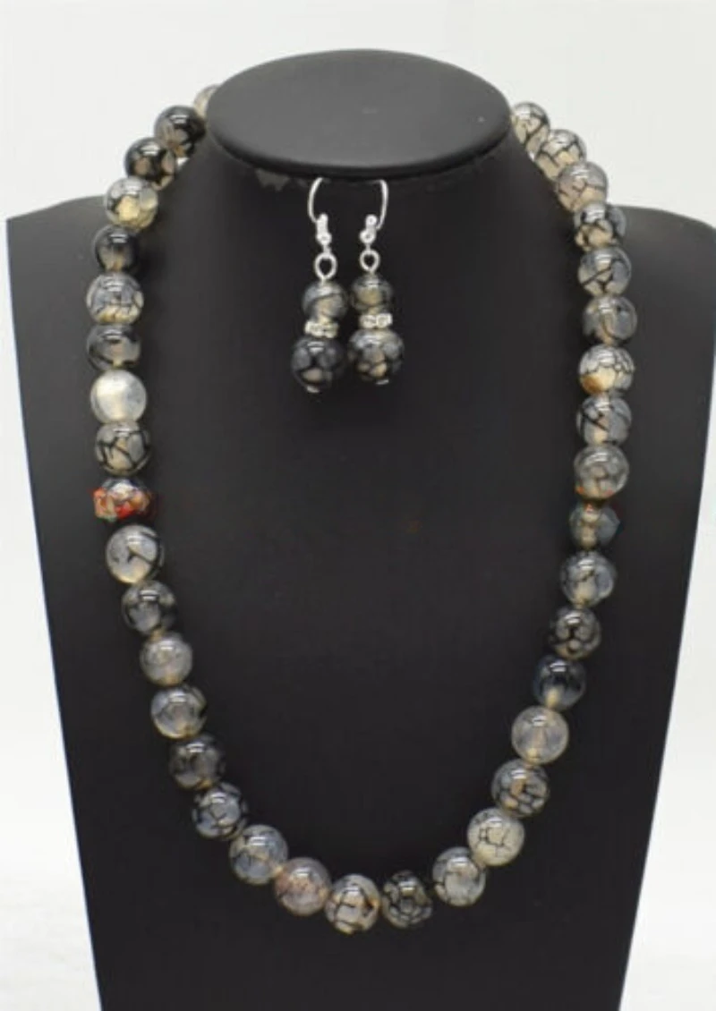 Natural 10mm Black White Dragon Veins Agate Gemstone Necklace Earrings Set 16-24