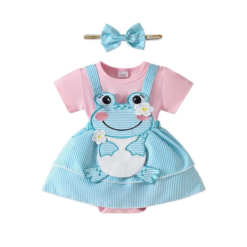 

Summer Baby Girl Clothes Baby Sets 0-18 Months Cute Frog Short Sleeve Romper Dress With Hairband 2Pcs Suits Infant Outfits