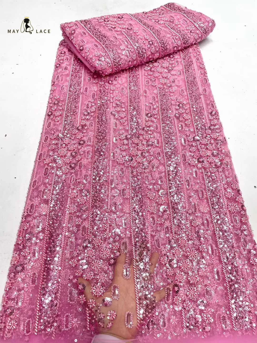 

Розовая африканская ткань с бисером для жениха, высококачественная французская нигерийская тюлевая ткань с пайетками и кружевом для вечерних и свадебных платьев, 2026 год