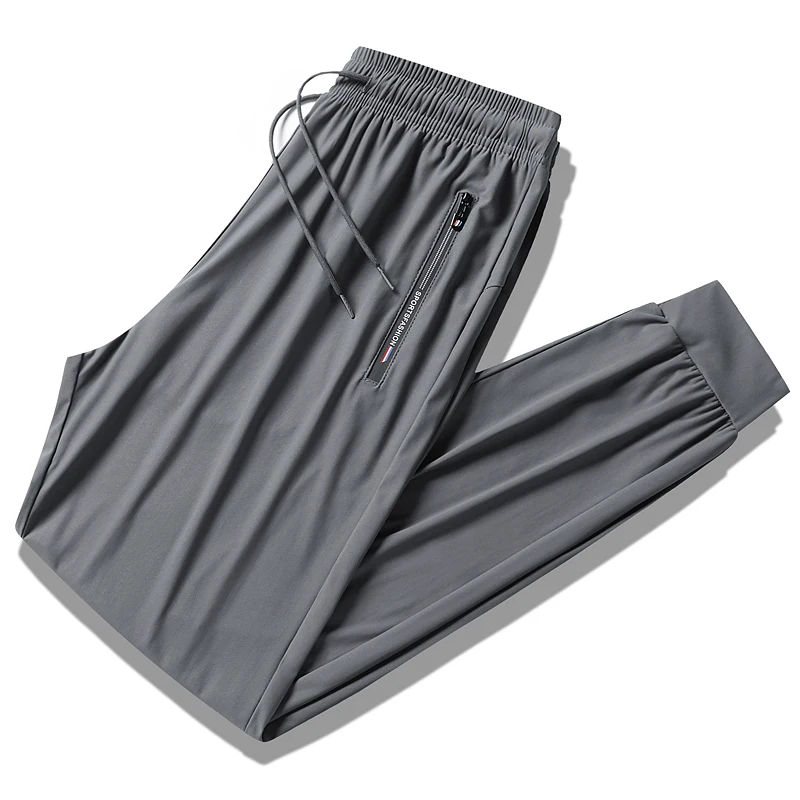 Pantalones de seda de hielo para hombre, pantalón informal de pierna recta, transpirable, secado rápido, con cordón, color negro, novedad de 2024