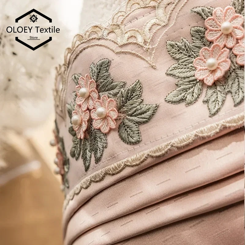 French  Pink Three Curtains for Bedroom Living Room Dimensional Embroidered Tulle Blackout  Elegant European Girls Dining Room