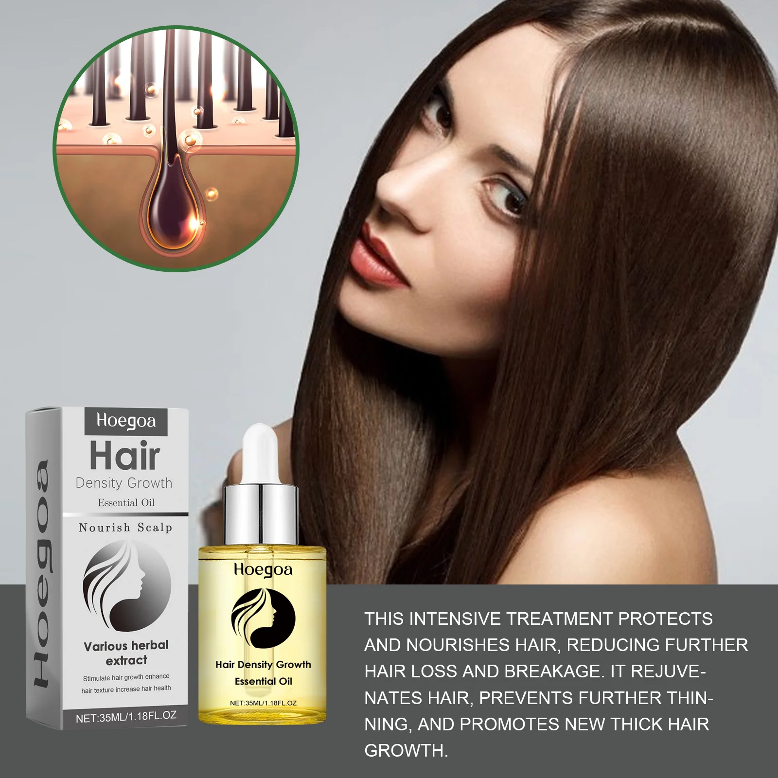 HOEGOA 35mL Hair Density Growth Essential Oil Effectively Strengthens Hair Reduces Hair Breakage & Hair Loss Hair Growth Oil