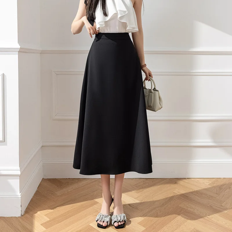 Spring Summer A-Line Mini Skirt Elegant Simple Original Design Polyester Fabric High Elasticity Casual Wear Black Midi Skirt