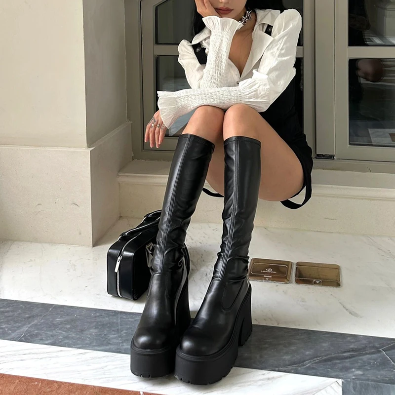 Platform Thick Heel Women Knight High Boots Fashion Slip On Elastic Slimming Long Booties Autumn Winter Female Shoes