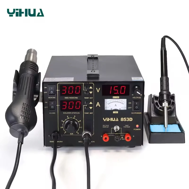 

YIHUA 853D 1A 3-in-1 Hot Air Rework Station + Soldering Iron + DC Power Supply Digital Temp Control