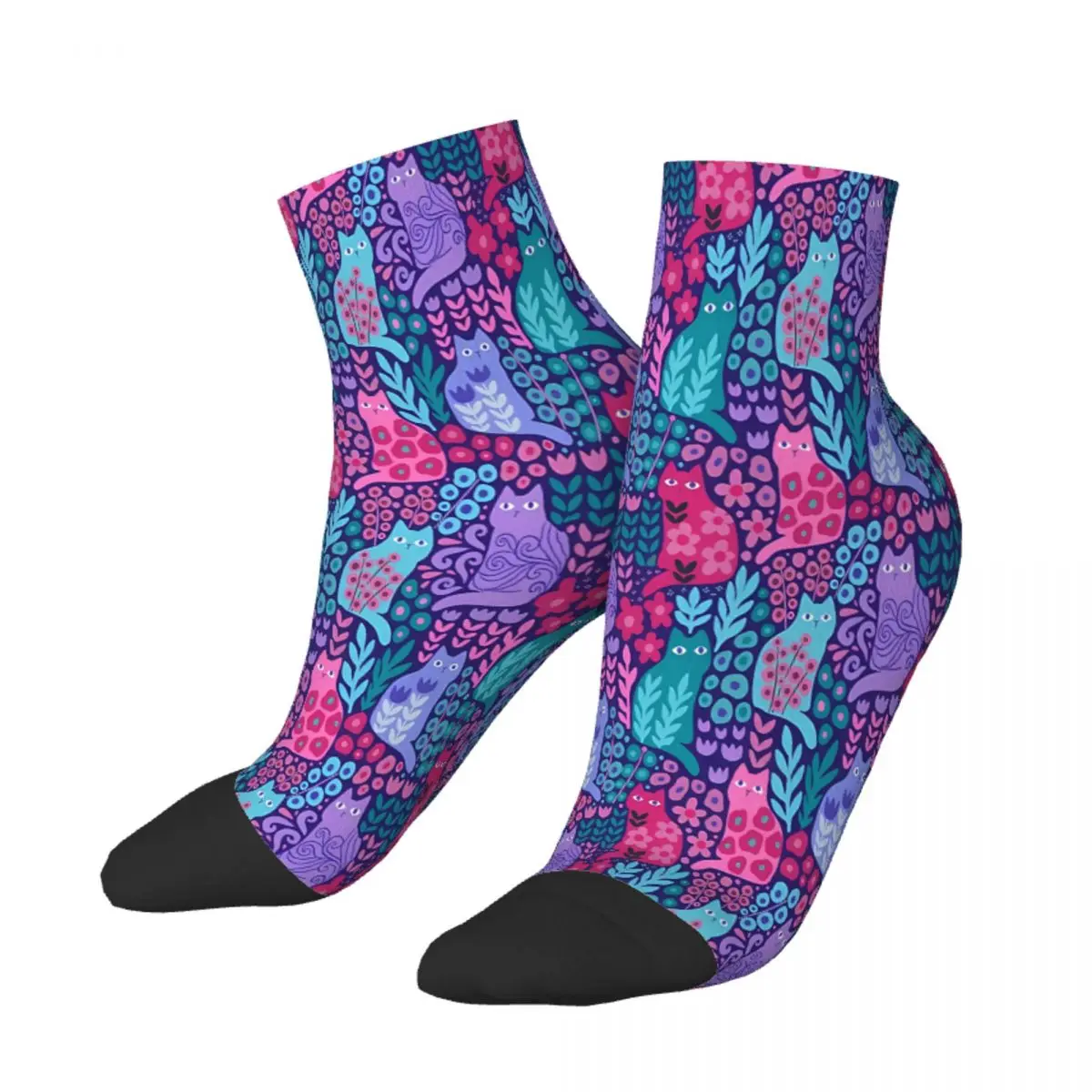 Jewel Tone Kitty Cats And Beautiful Plants Flowers Ankle Socks Male Mens Women Spring Stockings Hip Hop