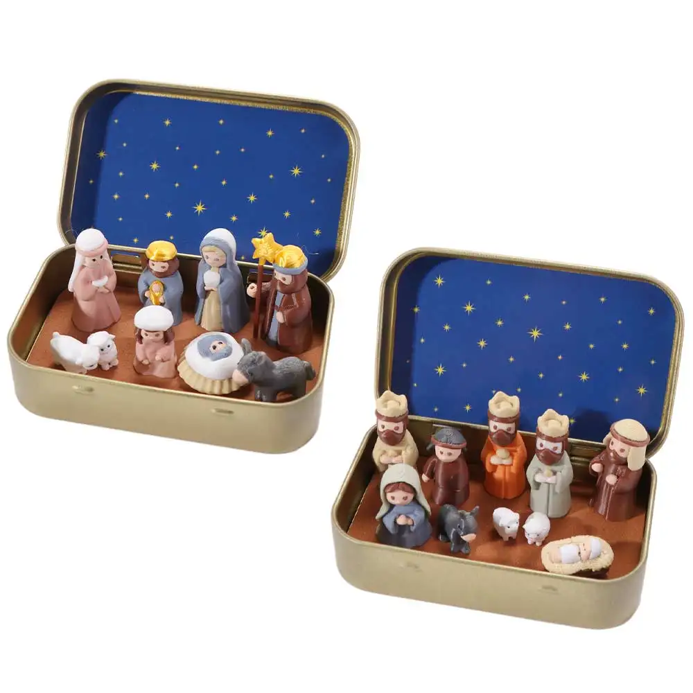 Metal Tin Box Mini Christmas Trough Set Hand Painted Holy Family Xmas Manger Ornaments 3D Printed Shepherd Animal