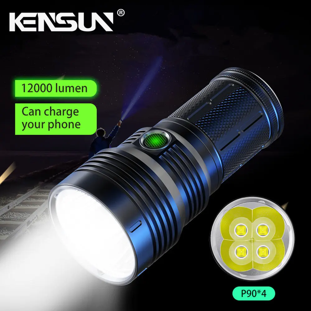 4*P90 High Power LED Flashlight USB Rechargeable Strong Light Torch High-brightness Lantern 12000 Lumens 120W Powerful Lamp