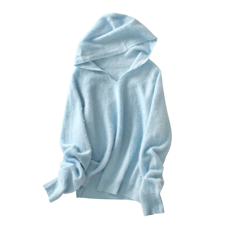 

Женский флисовый свитер с капюшоном из начеса, осенне-зимние свободные однотонные вязаные пуловеры с v-образным вырезом