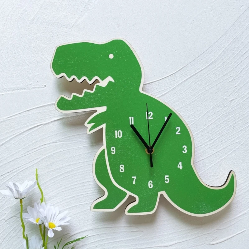 K1MF Wooden Cartoon Dinosaur Wall Clock Decoration Children Rooms Clock Kid Gift