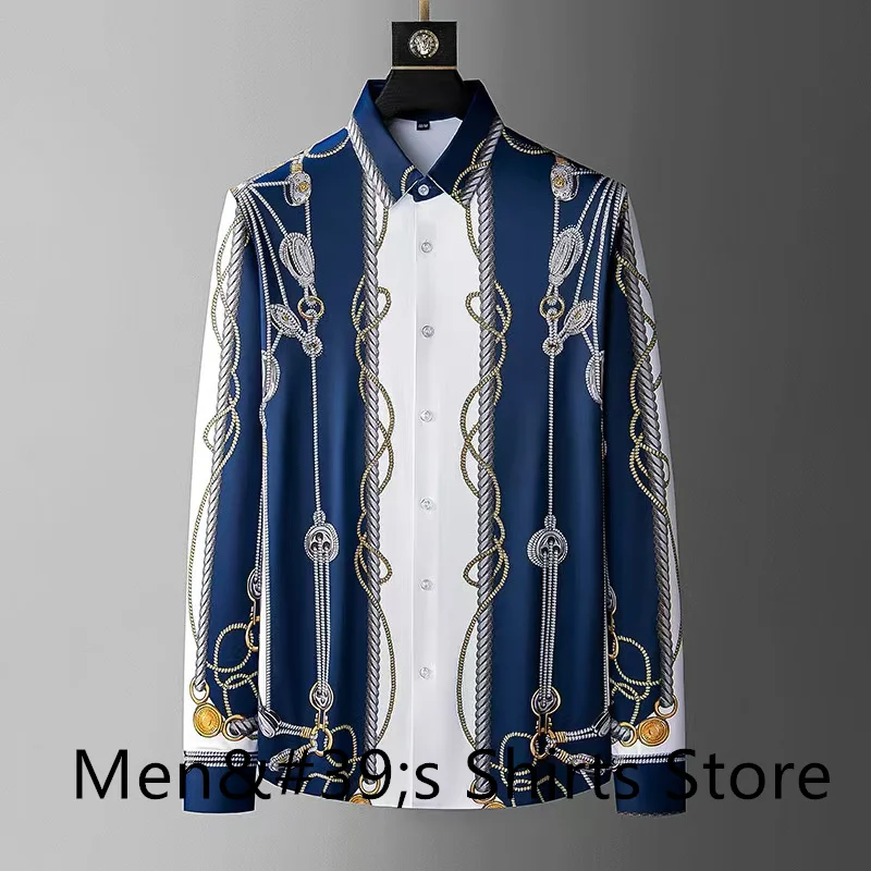 Luxury printed shirt men's casual business formal shirt autumn slim long sleeve social gathering formal shirt men