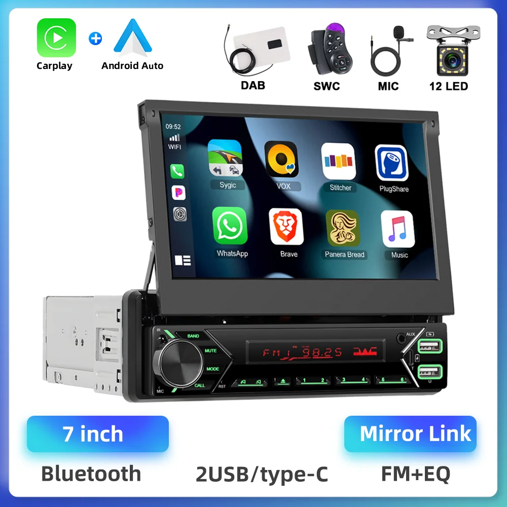 Podofo DAB+ 1Din MP5-speler Automatisch intrekbaar scherm autoradio Carplay Android Auto Type-C & USB-poort EQ-geluid FM auto-audio